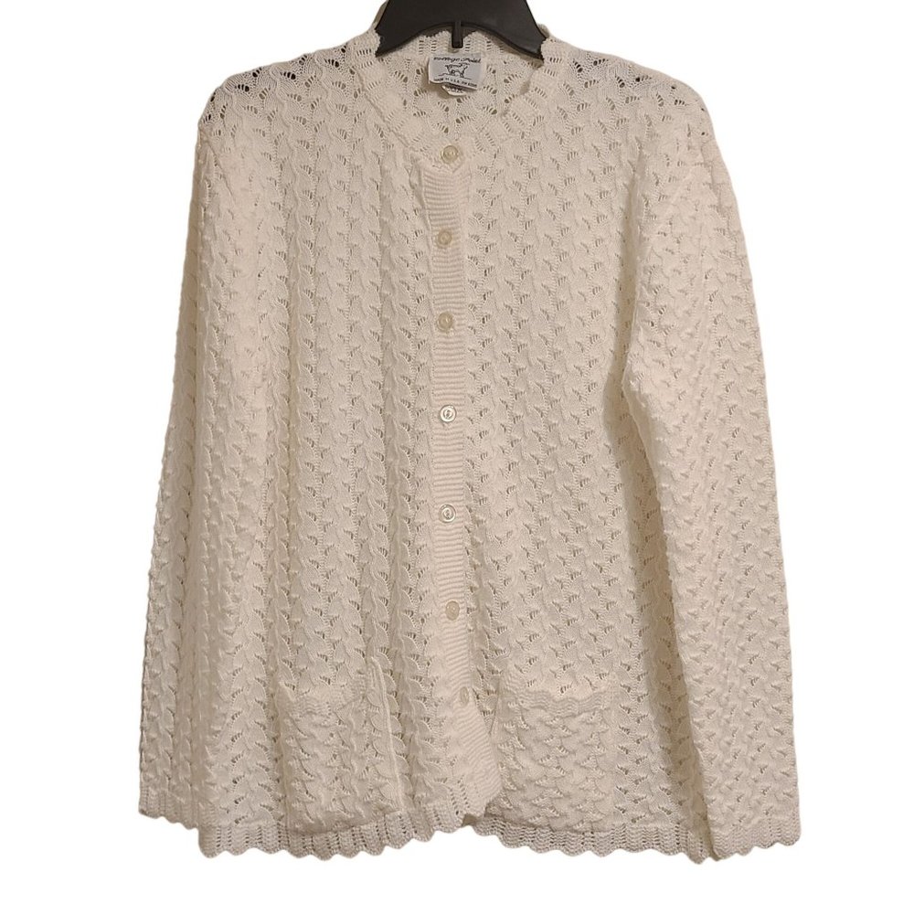 College Point Womens Vintage Cardigan Scalloped Knit Sweater USA White Size L